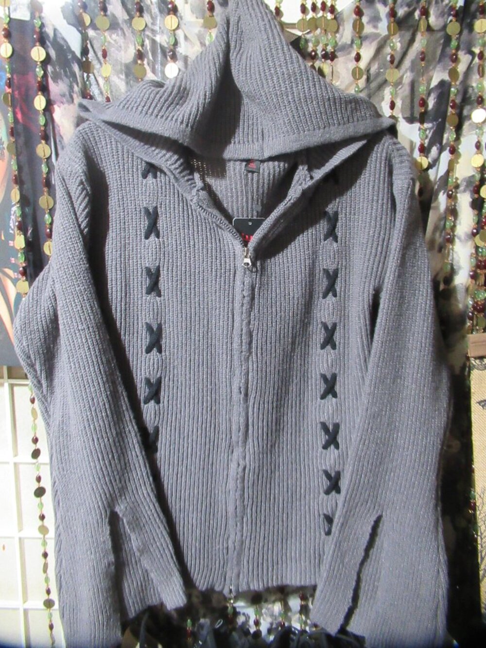 Fairycore Lace Up Front Drop Shoulder Hooded Zip-Up Cardigan